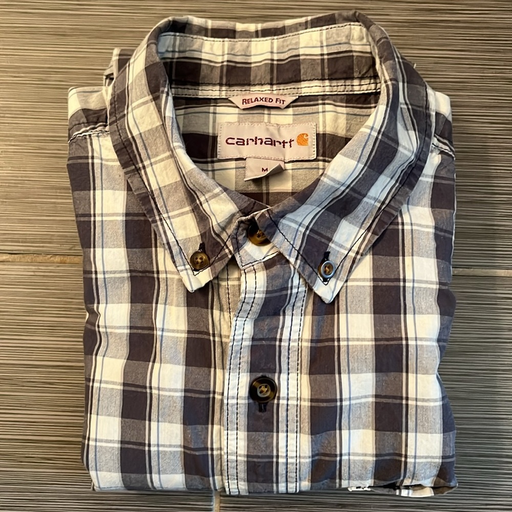 Carhartt Men’s Grey Relaxed‎ Fit Button Down Plaid Short Sleeve Shirt Sz Medium